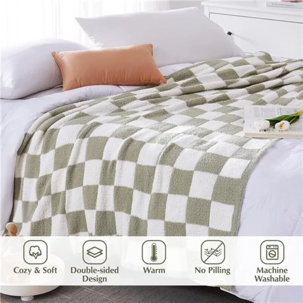 Checkered Throw Blanket, Sage Green Soft Cozy Fluffy Hand Made Throw Blankets